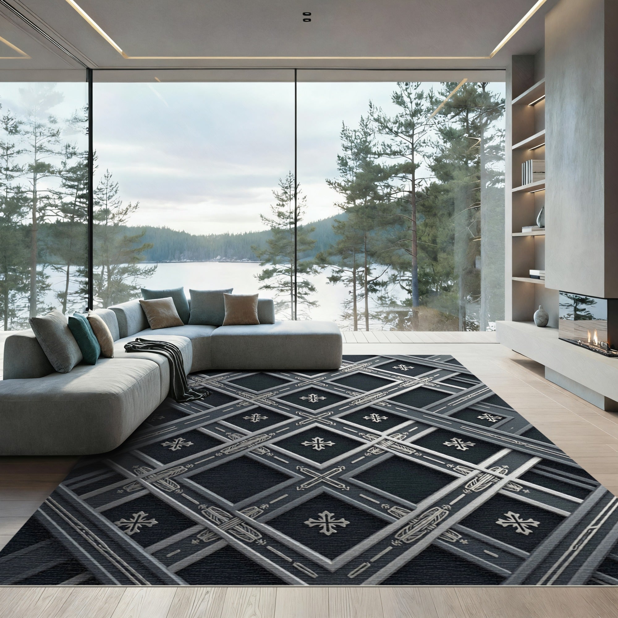 Elegant Silver Geometric Lattice Rug
