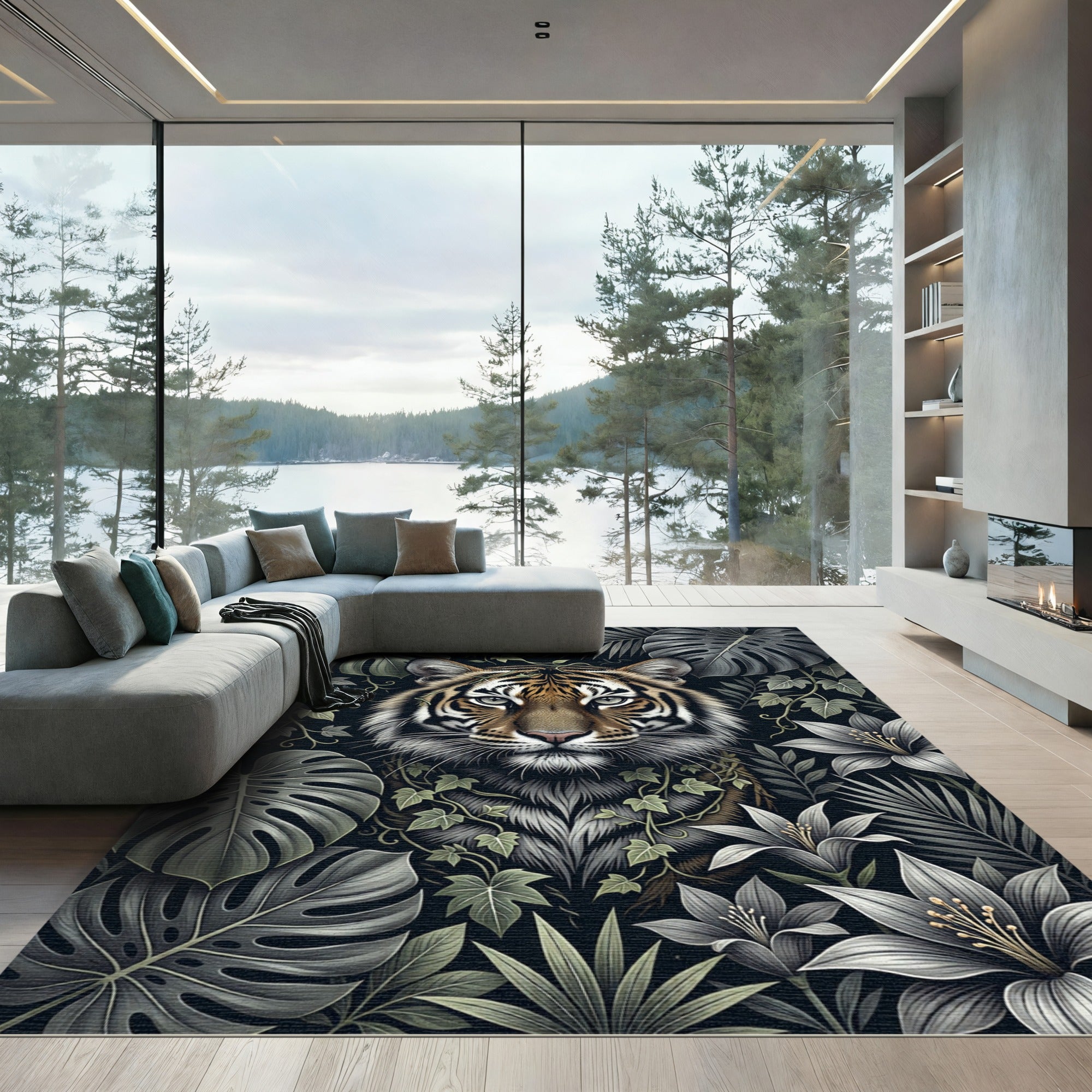 Enigmatic Tiger Floral Jungle Tapestry Rug