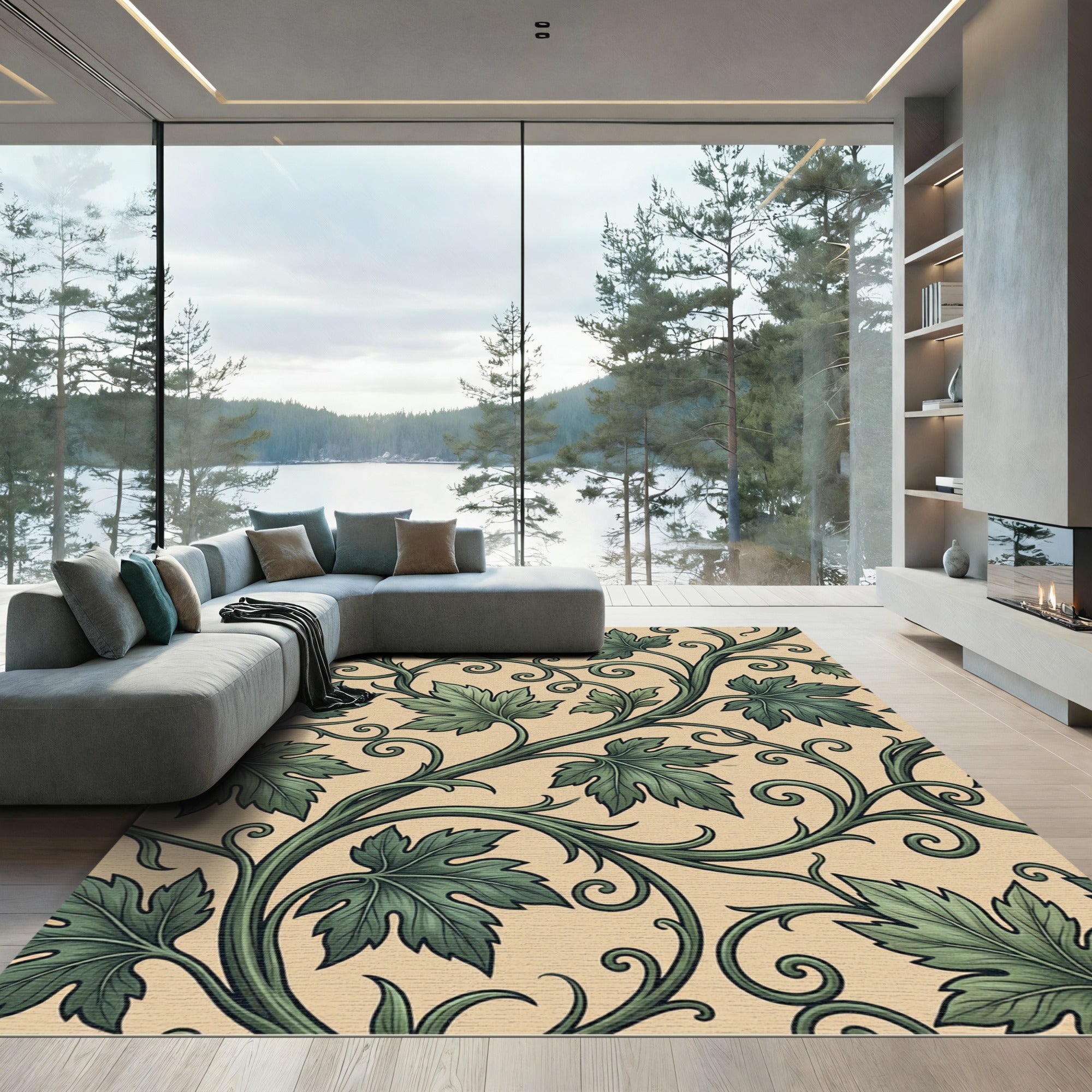 Sage Green Botanical Scroll Art Nouveau Rug