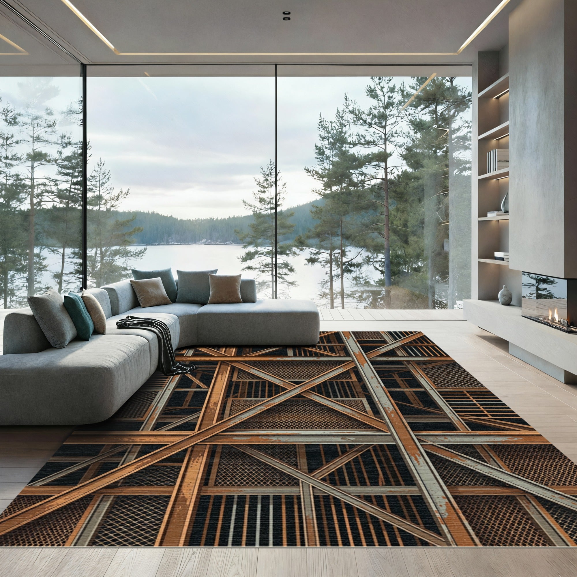 Industrial Cor-Ten Steel Geometric Lattice Rug