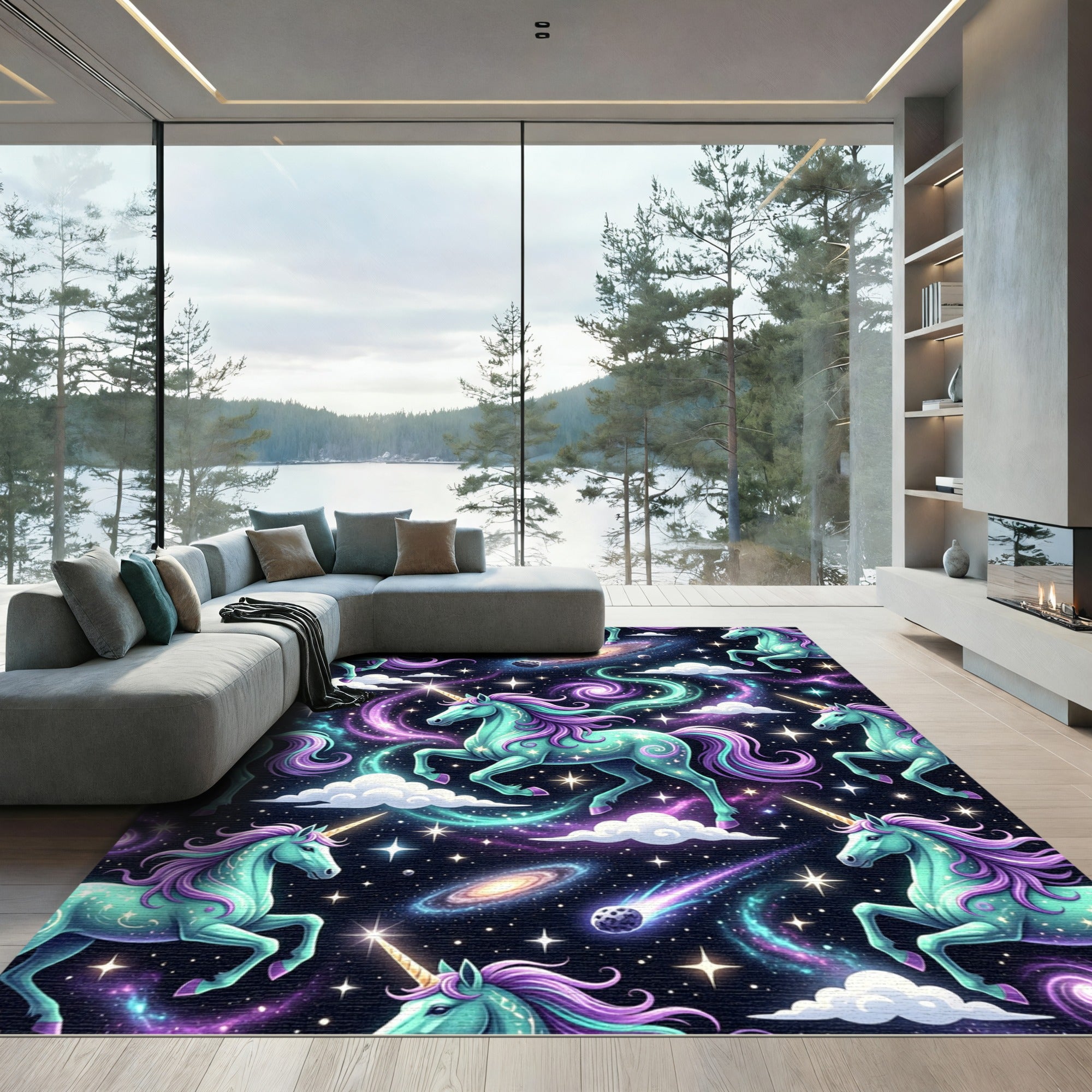 Whimsical Cosmic Unicorn Galaxy Starry Night Rug