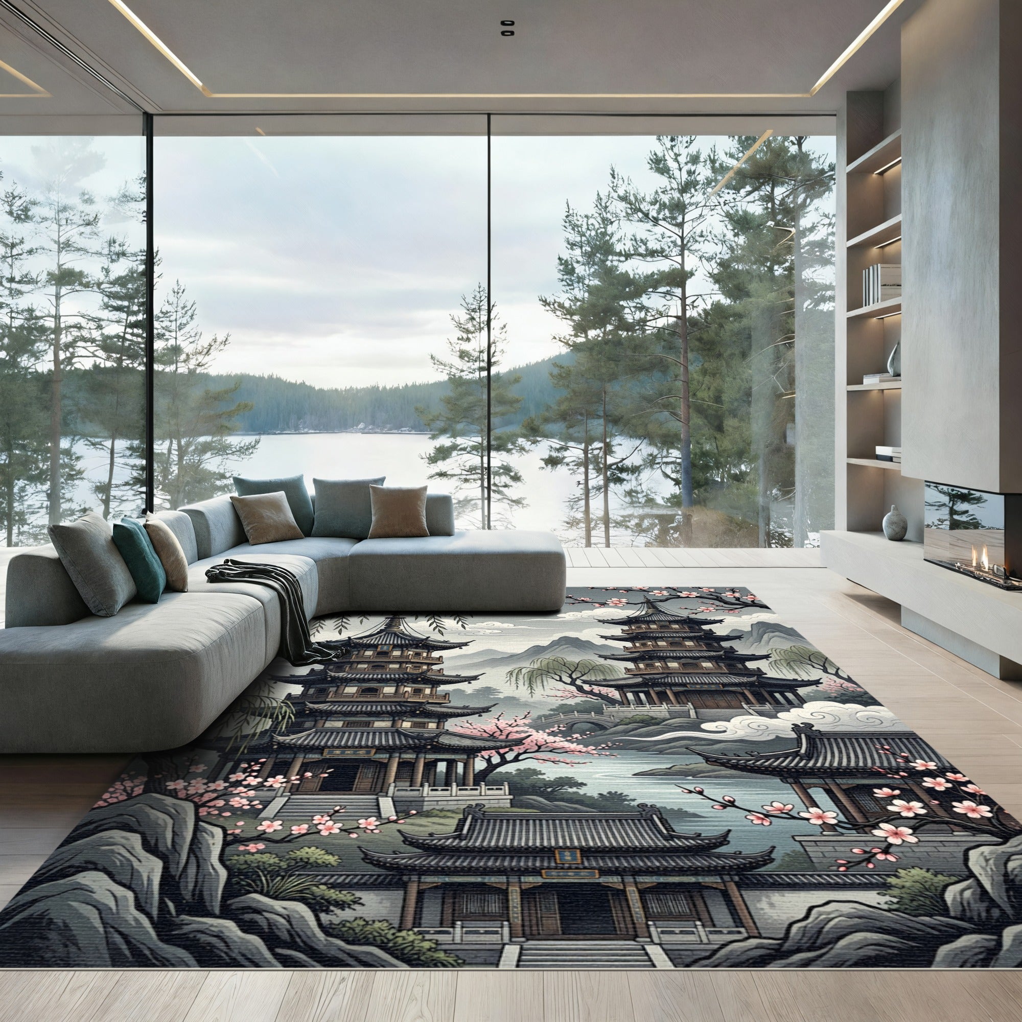 Serene Pagoda Landscape Cherry Blossom Rug
