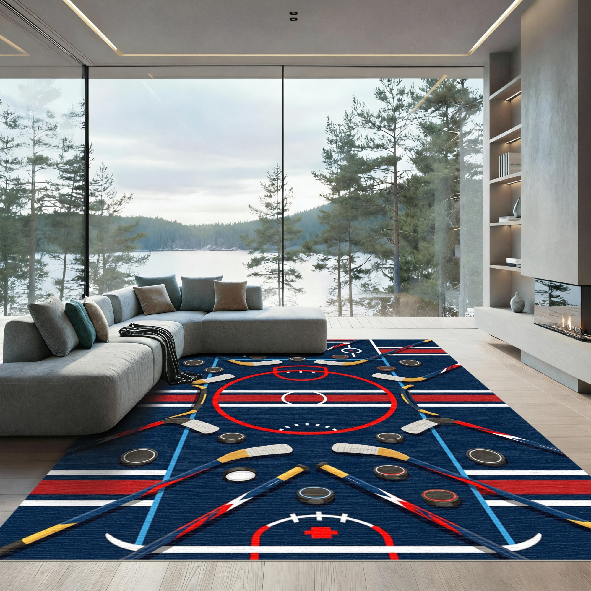 Dynamic Hockey Rink Navy Red Art Rug