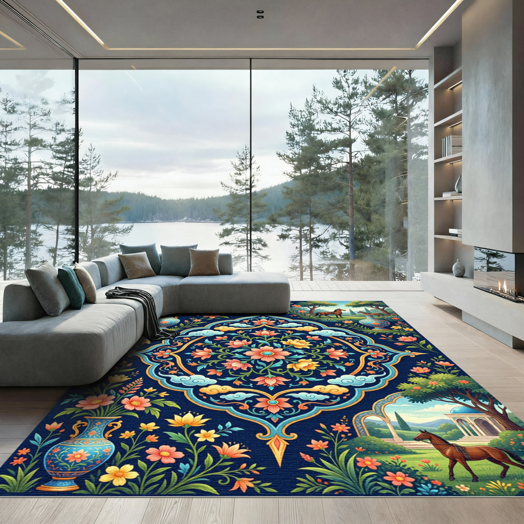 Floral Garden Vase Horse Motif Rug