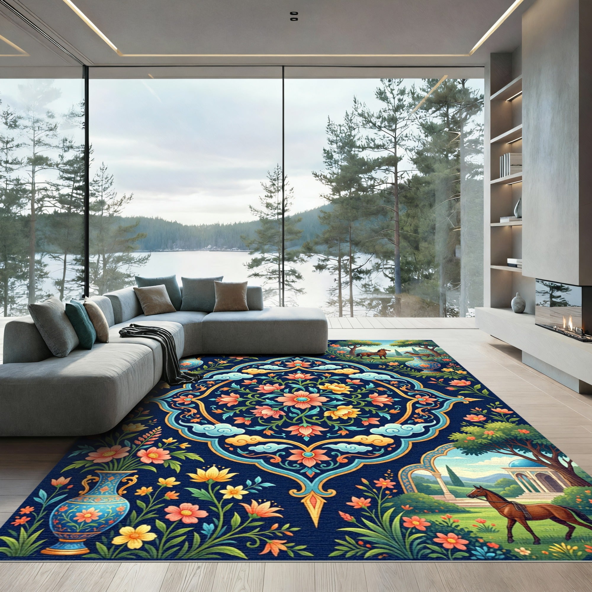 Floral Garden Vase Horse Motif Rug