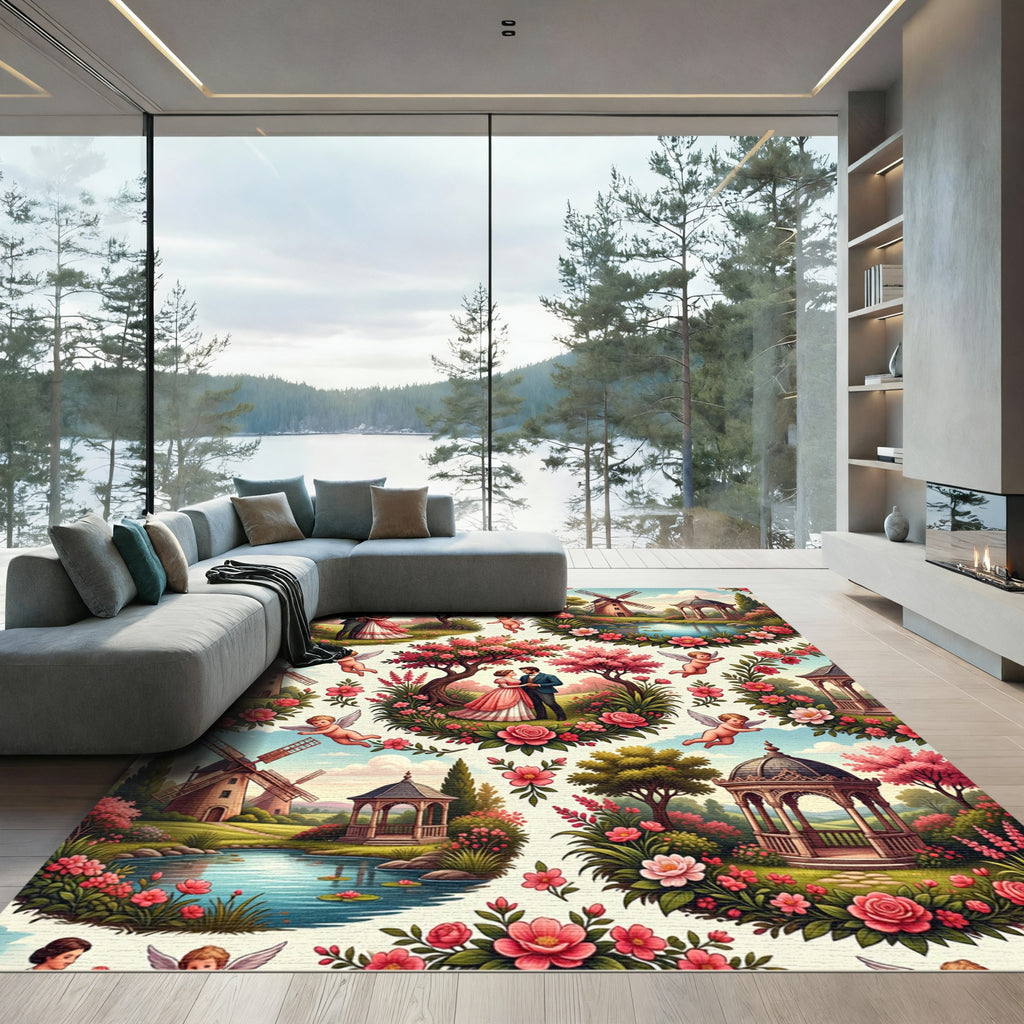 Romantic Couple Pink Floral Garden Scene Rug