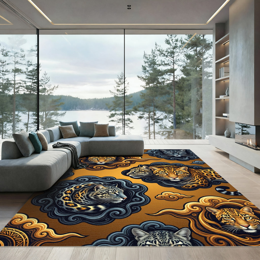 Golden Leopard Clouds and Slate Ink Swirls Rug