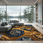 Golden Leopard Clouds and Slate Ink Swirls Rug