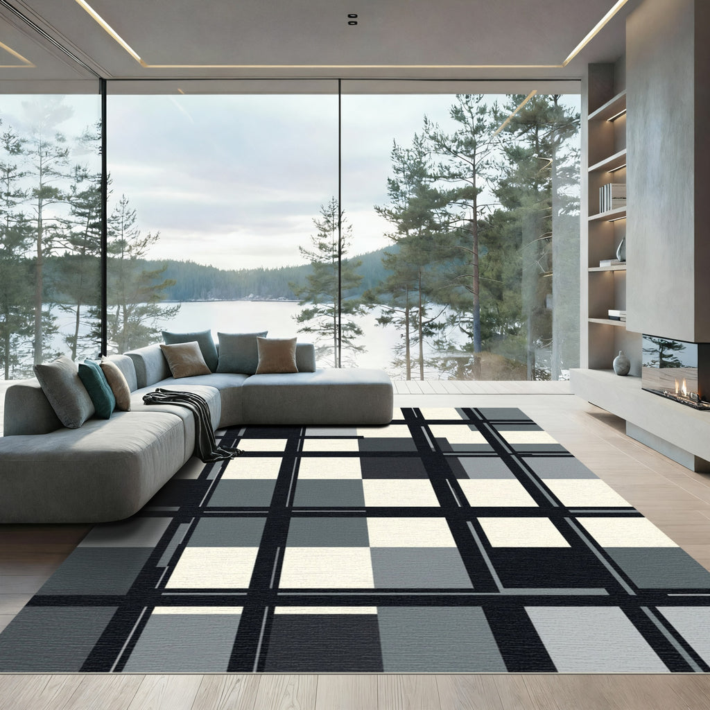 Monochrome Geometric Grid Abstract Block Rug