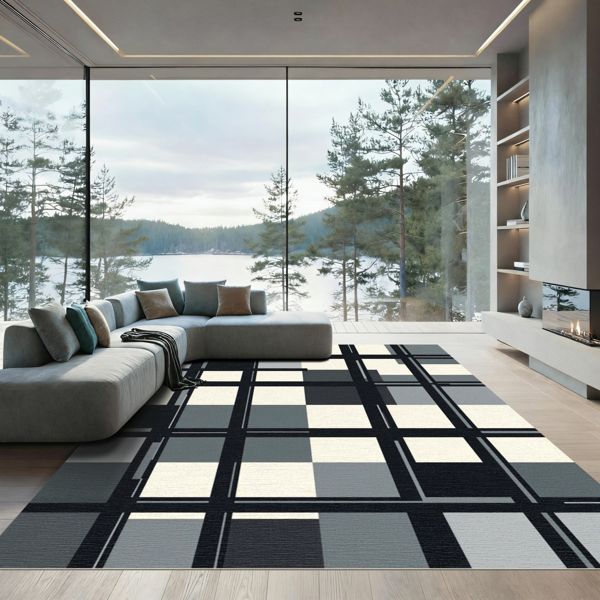 Monochrome Geometric Grid Abstract Block Rug