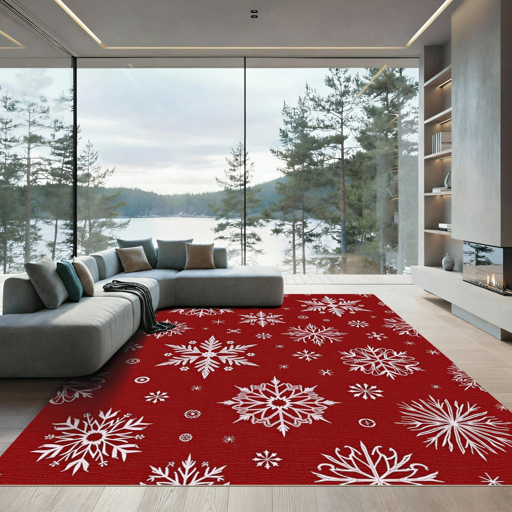 Crimson White Snowflake Collage Rug