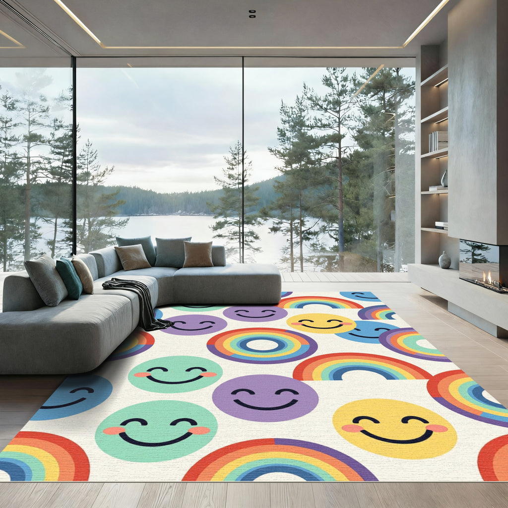 Colorful Retro Rainbow Happy Face Joy Rug