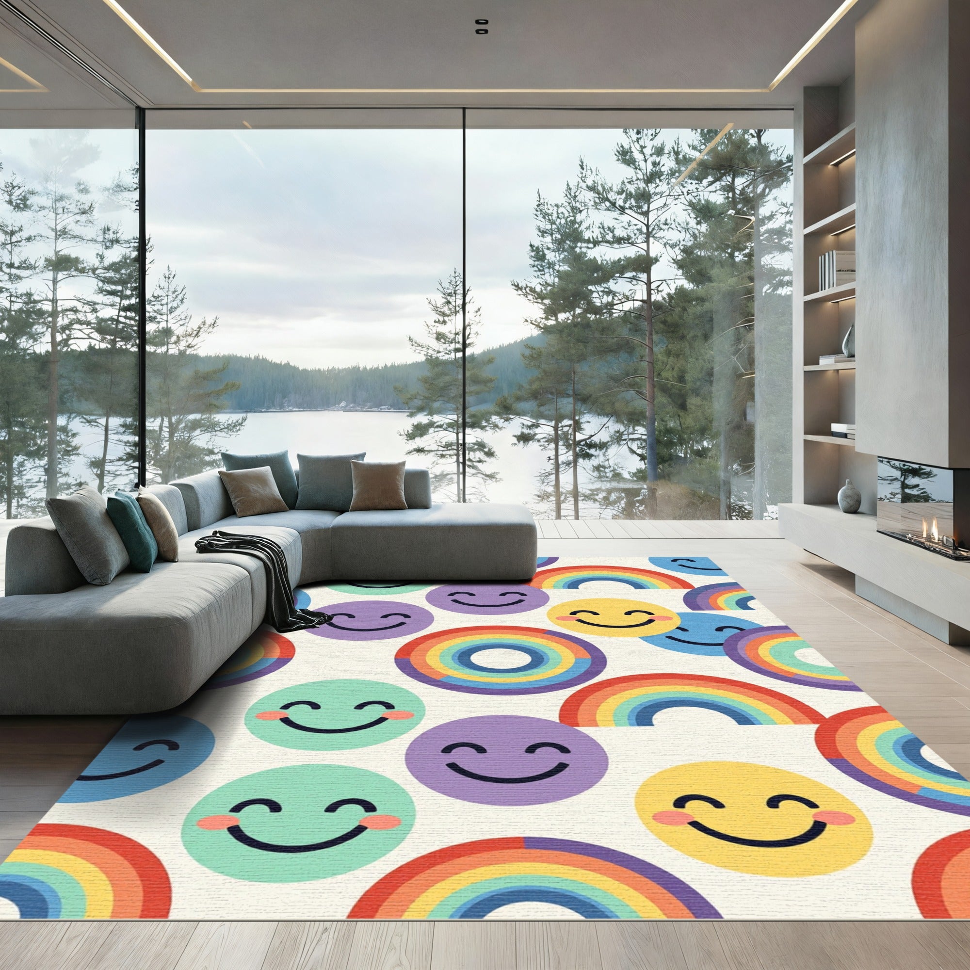 Colorful Retro Rainbow Happy Face Joy Rug