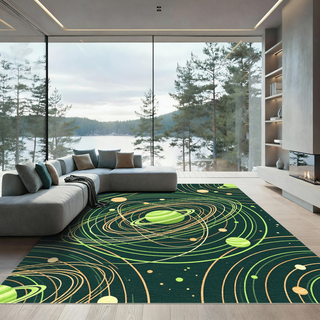 Green Orange Planet Orbit Galaxy Rug