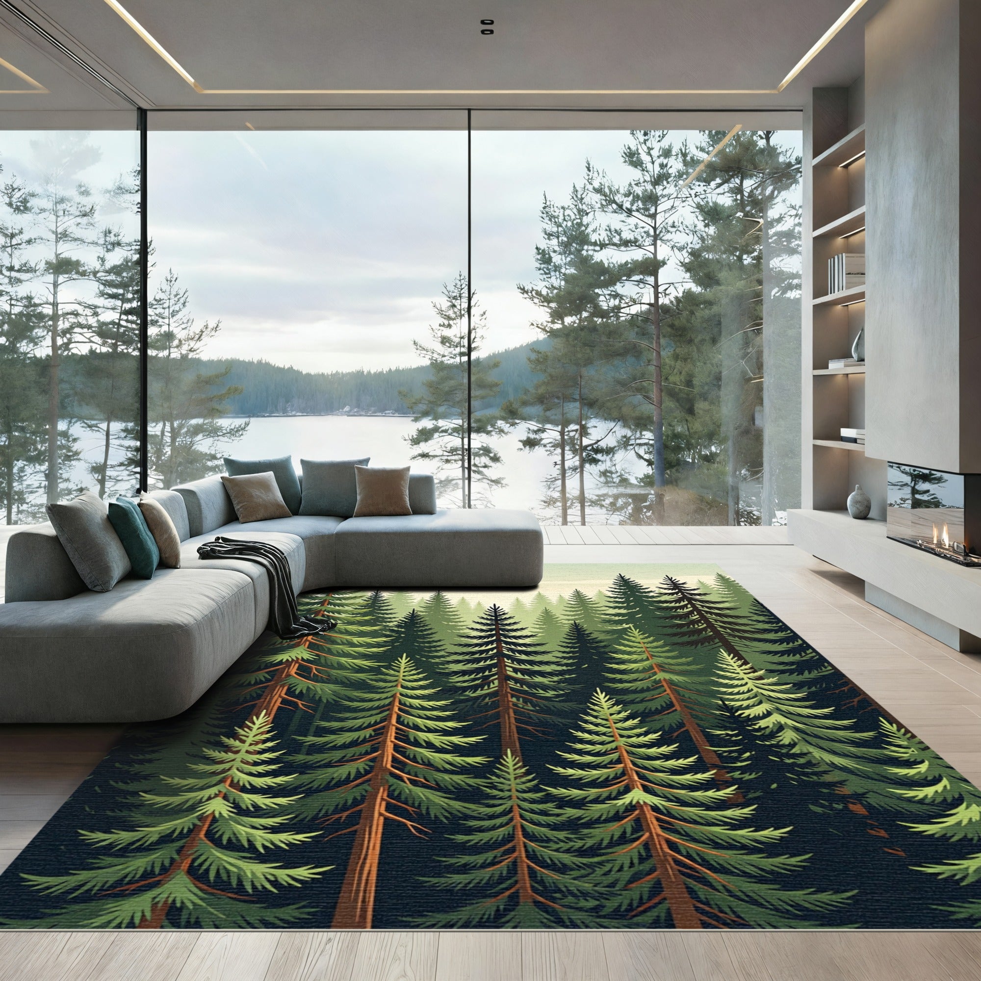Serene Evergreen Pine Forest Landscape Rug