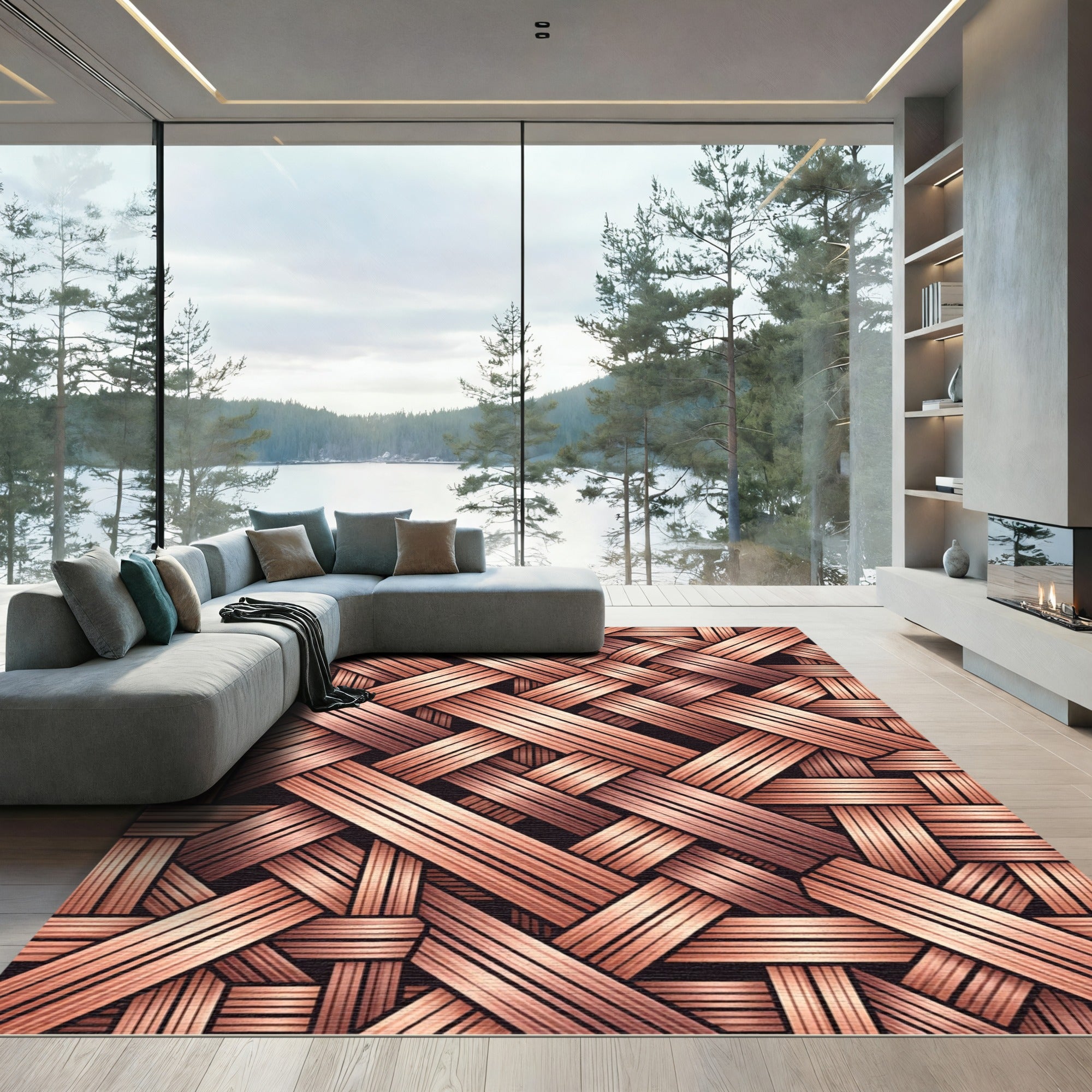 Interlocking Rustic Wood Weave Rug