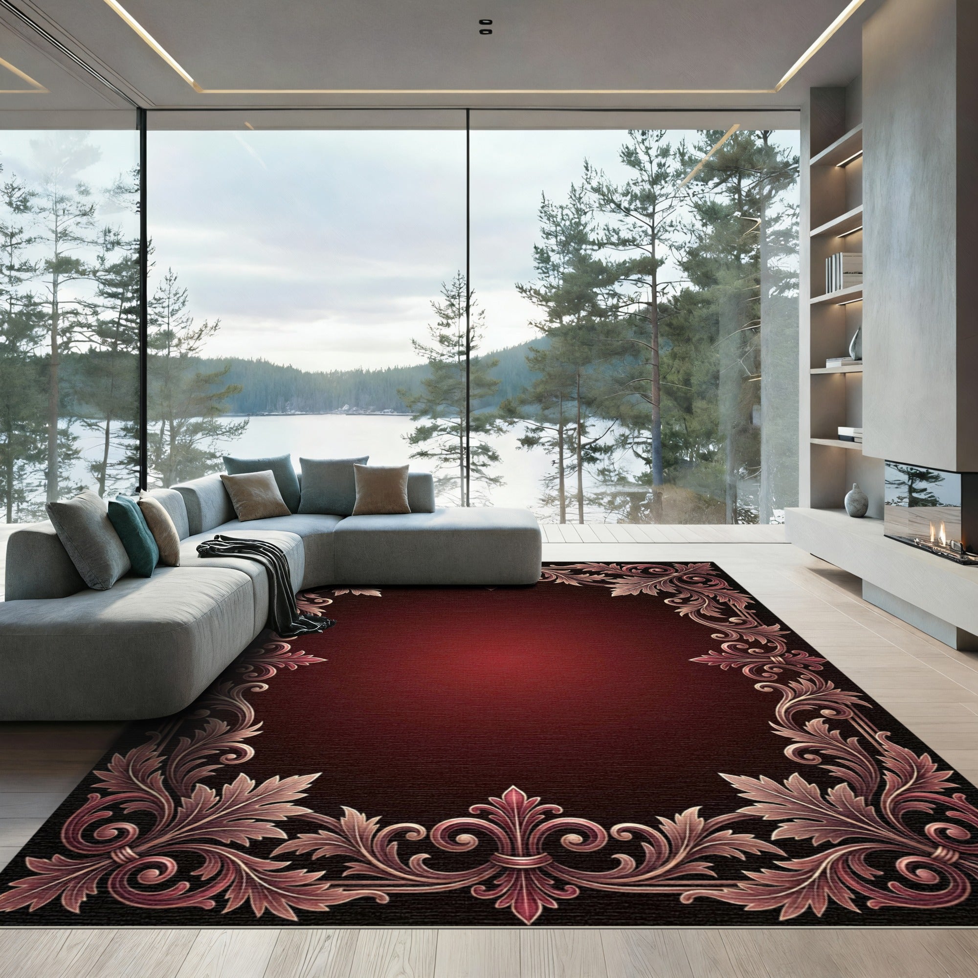 Rich Burgundy Floral Ornate Frame Rug