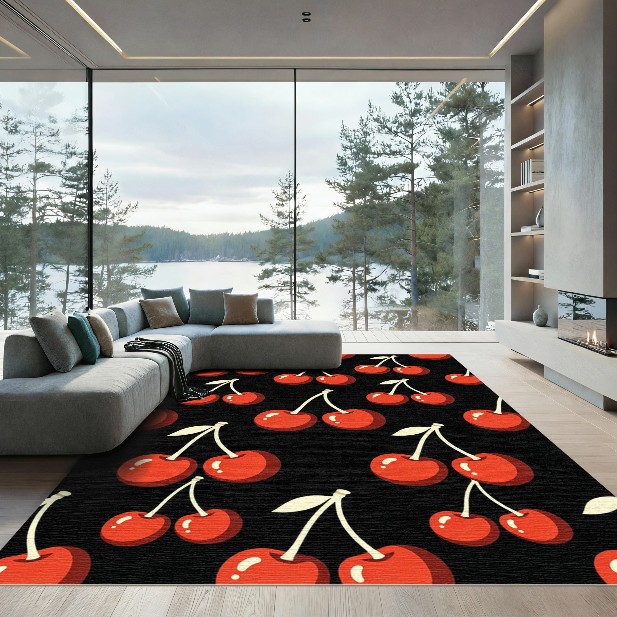 Vibrant Retro Cherry Black Wall Art Rug