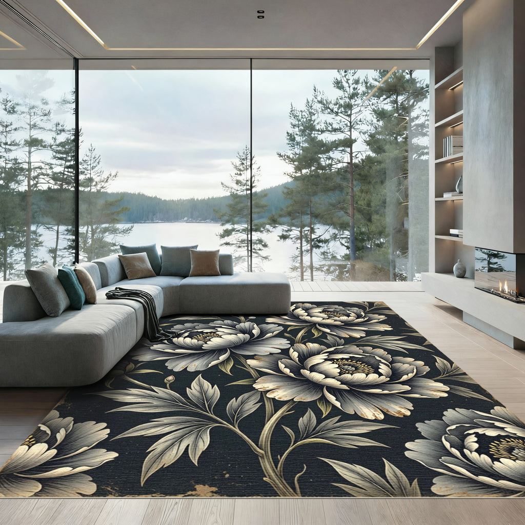 Elegant Charcoal Peony Botanical Arrangement Rug