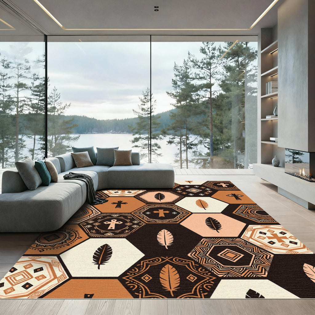 Earthy Geometric Hexagon Feather Cross Mosaic Rug