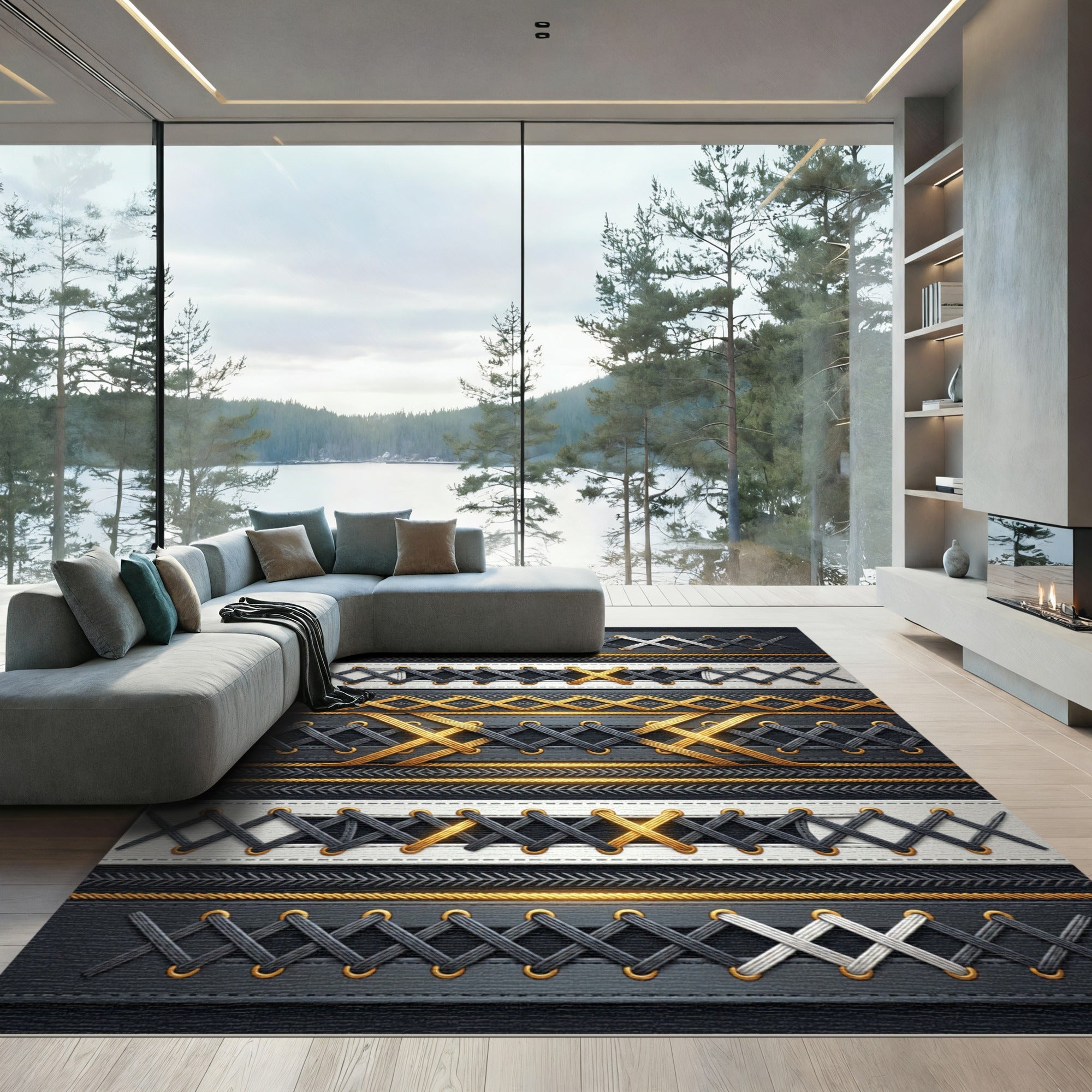 Metallic Laced Black and Gold Grid Rug
