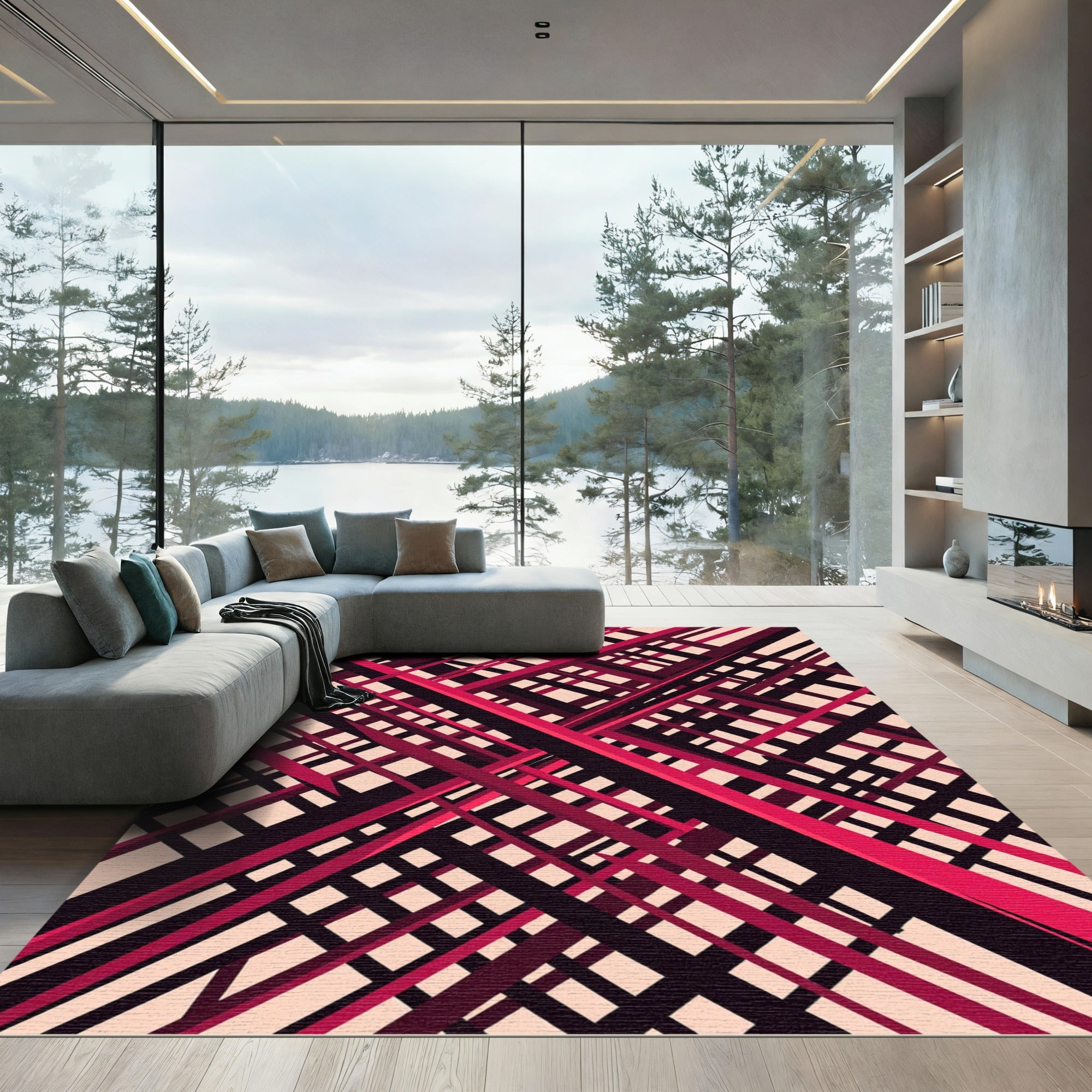 Modern Crimson Black Linear Grid Rug