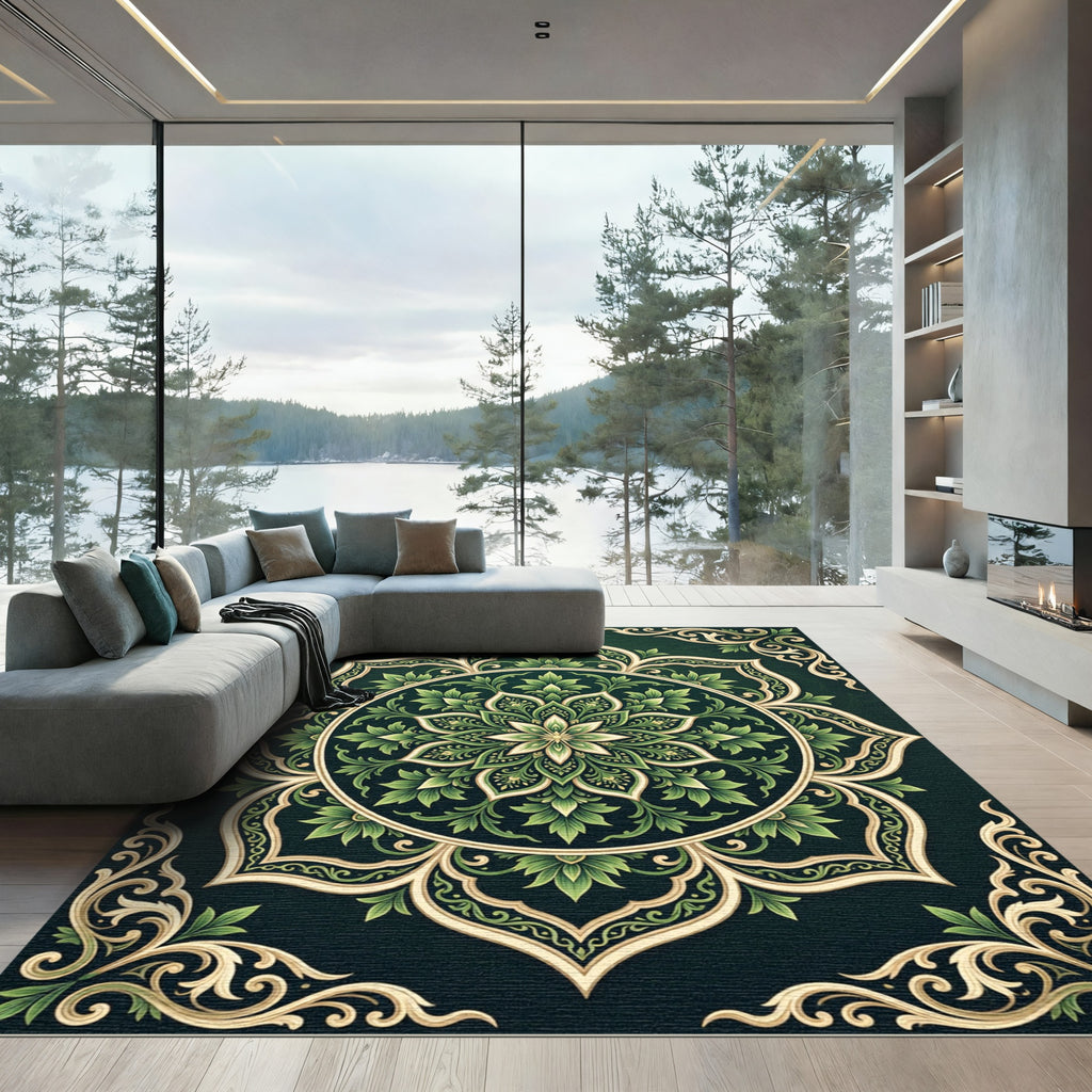 Emerald Floral Ornamental Round Medallion Rug