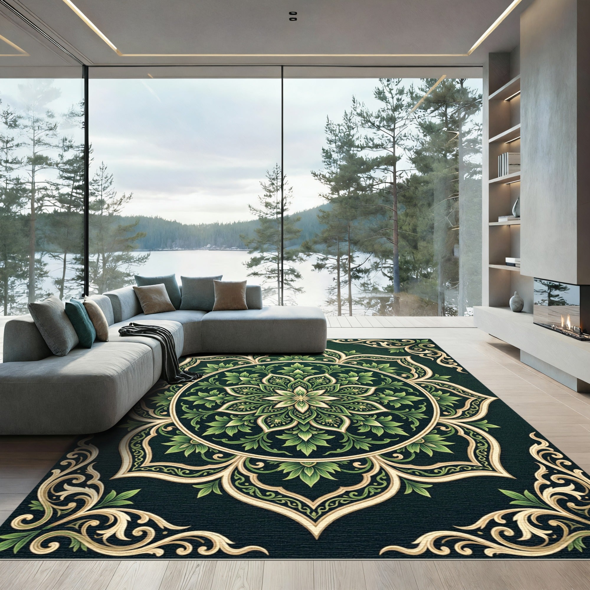 Emerald Floral Ornamental Round Medallion Rug