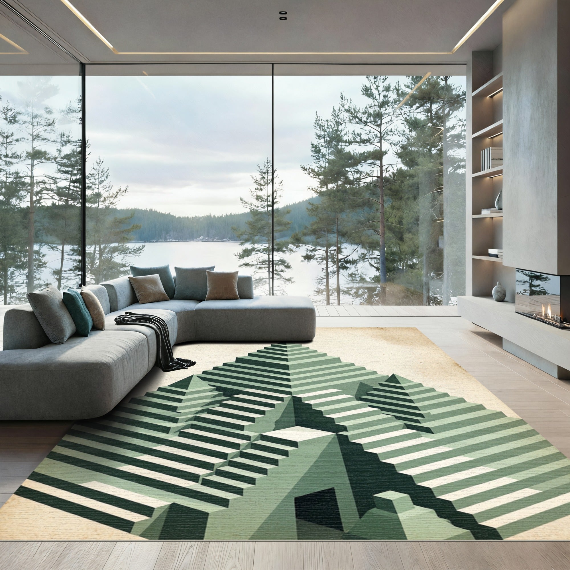 Sage Isometric Terraced Pyramid Sculpture Rug
