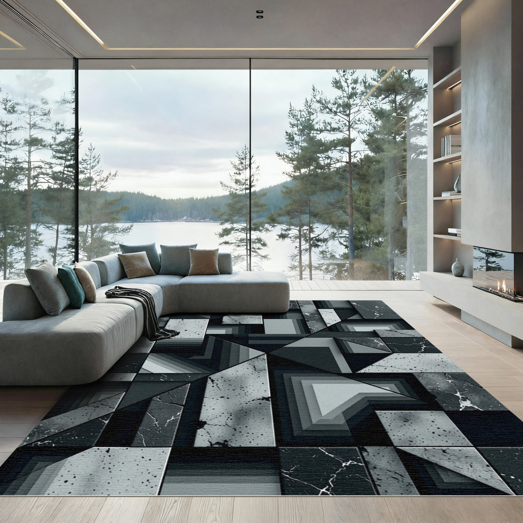 Monochrome Geometric Abstract Stone Tile Rug