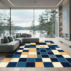Modern Navy Cream and Ochre Grid Rug