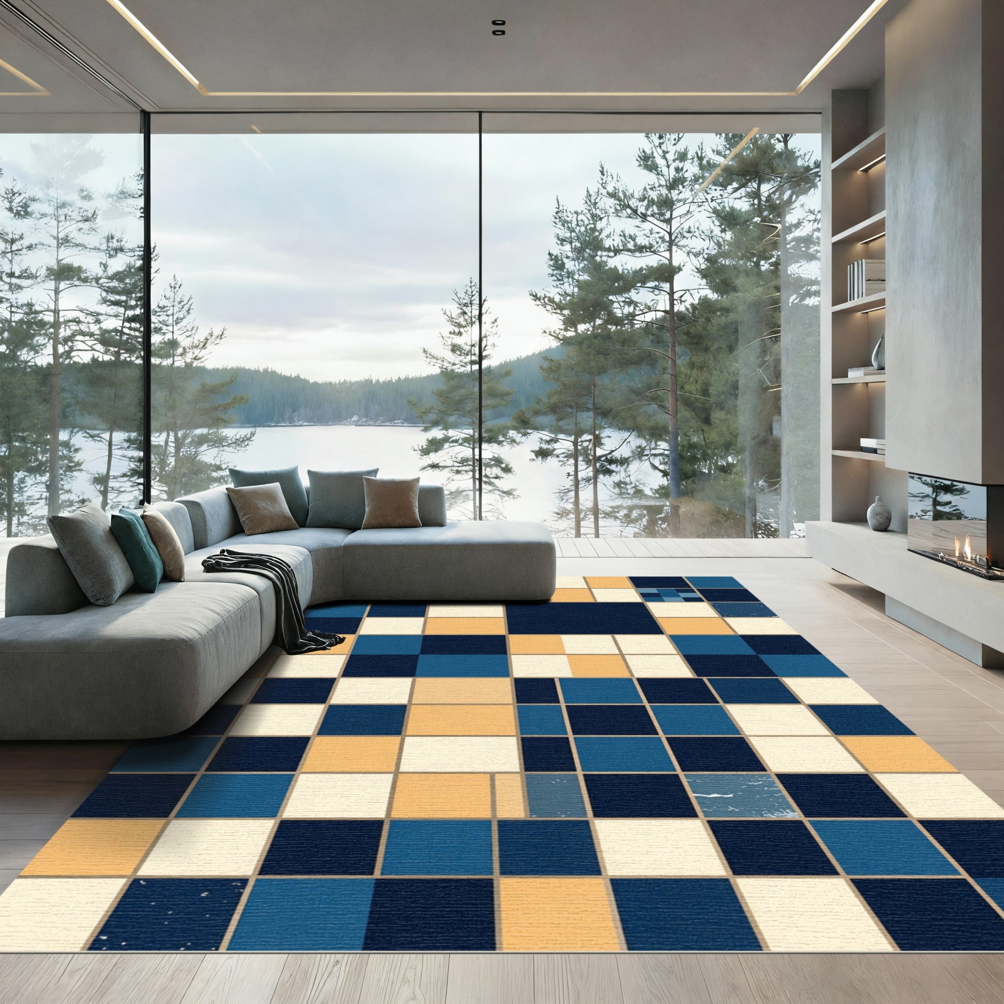 Modern Navy Cream and Ochre Grid Rug