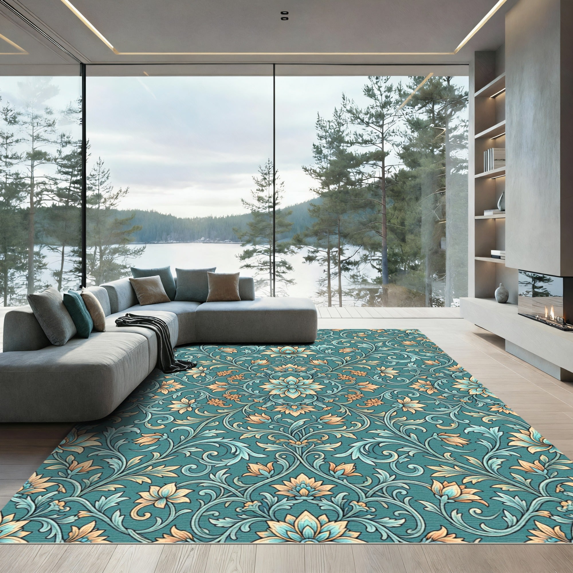 Elegant Teal Floral Damask Scroll Rug