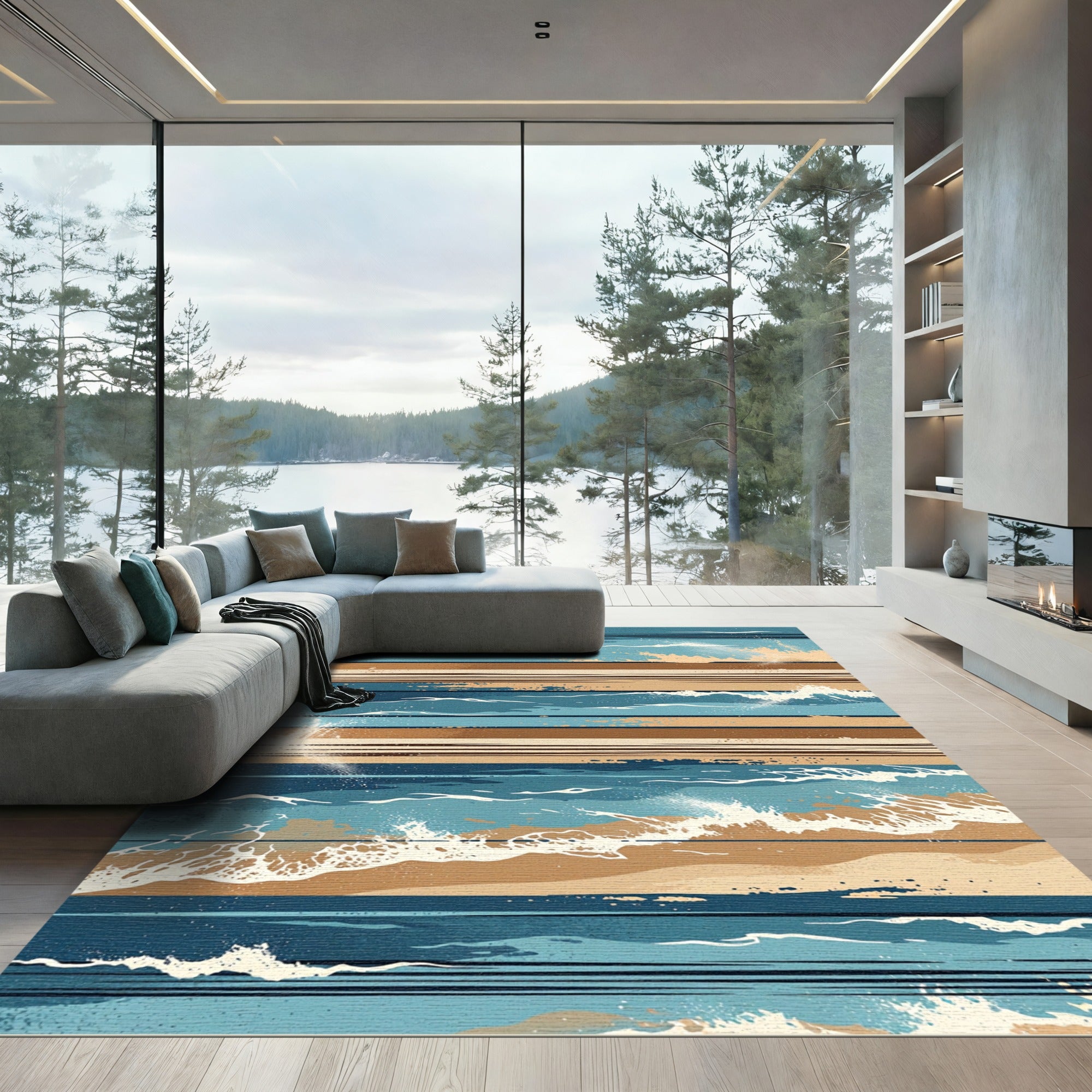 Blue Tones Coastal Beach Stripes Rug