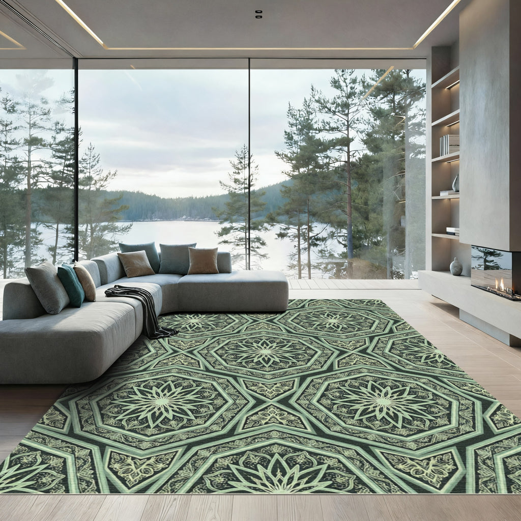 Intricate Sage Green Geometric Star Rug