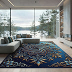 Elegant Navy Gold Spiral Floral Medallion Rug