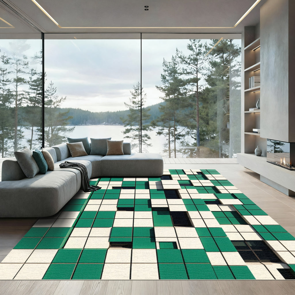 Green and White Cubist Grid Rug