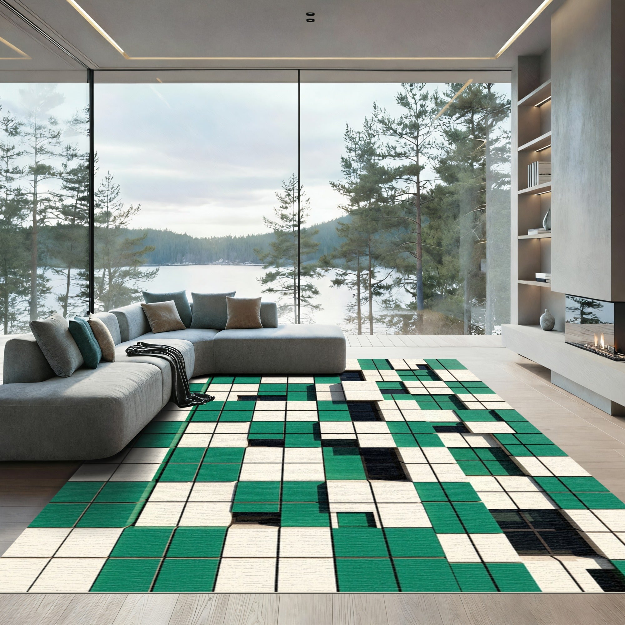 Green and White Cubist Grid Rug