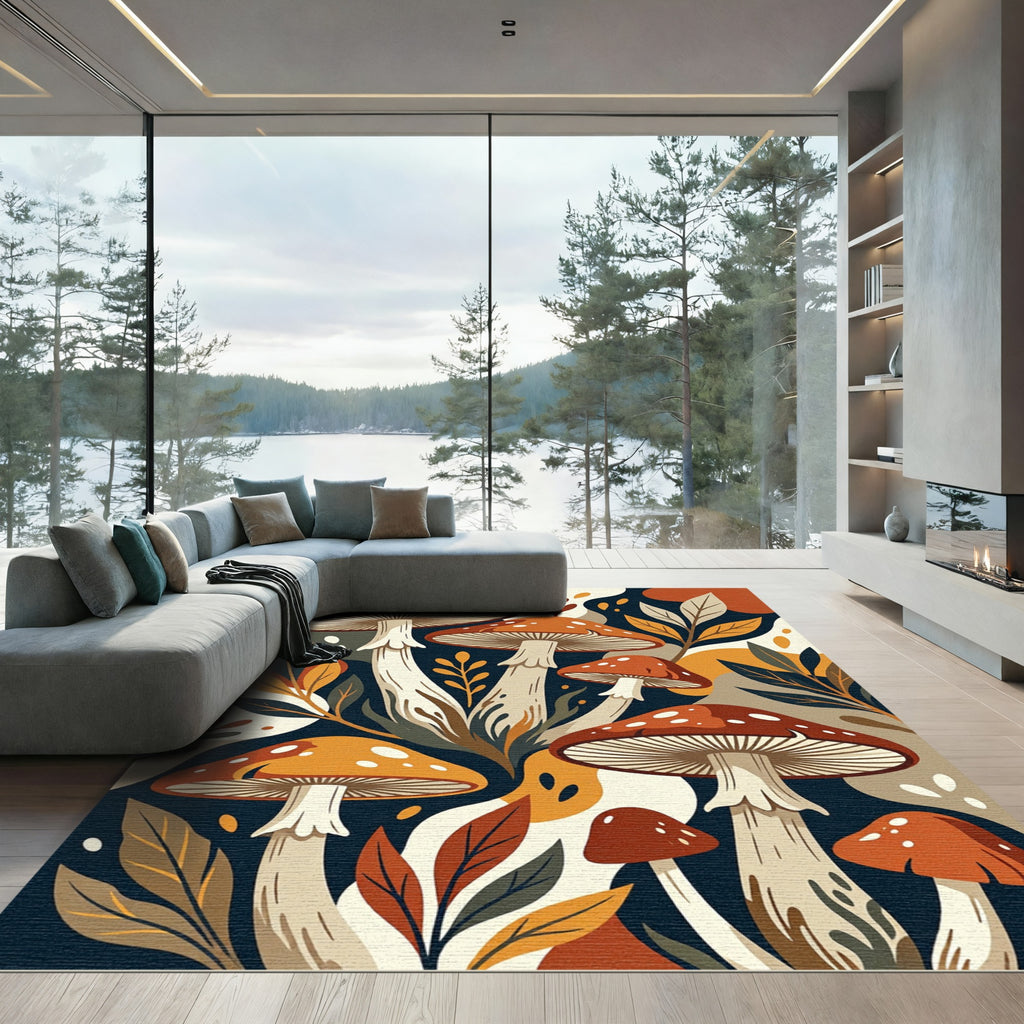Earthy Forest Mushroom Botanical Illustration Rug