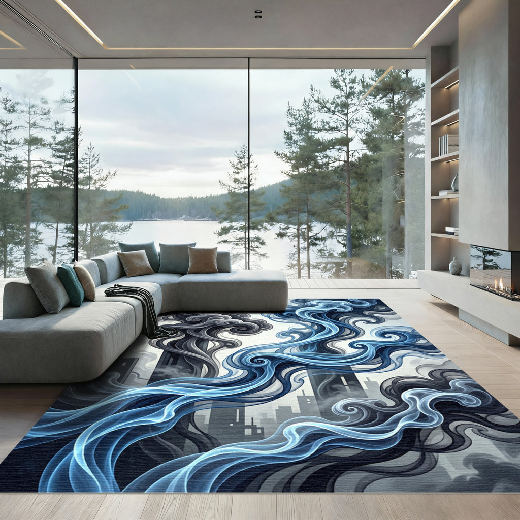 Abstract Blue Smoke Swirls Cityscape Rug