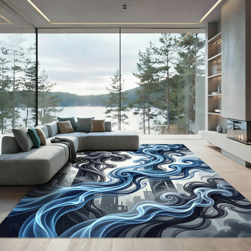 Abstract Blue Smoke Swirls Cityscape Rug