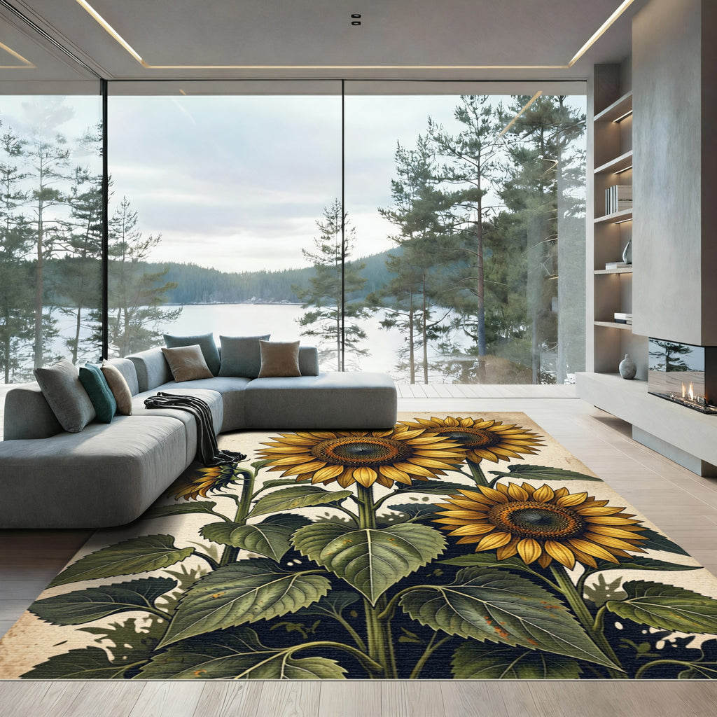Vibrant Golden Sunflower Floral Botanical Rug
