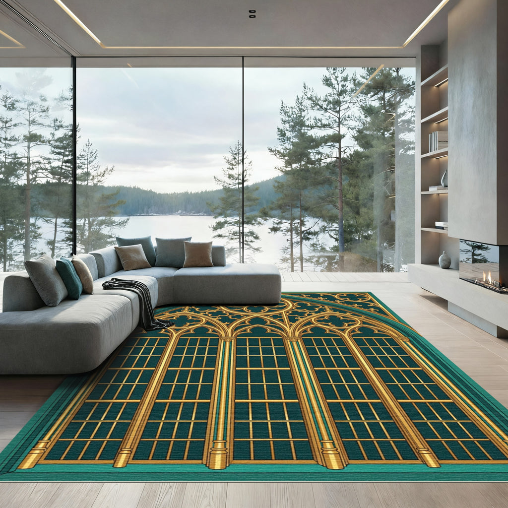 Gilded Emerald Gothic Arched Trellis Rug