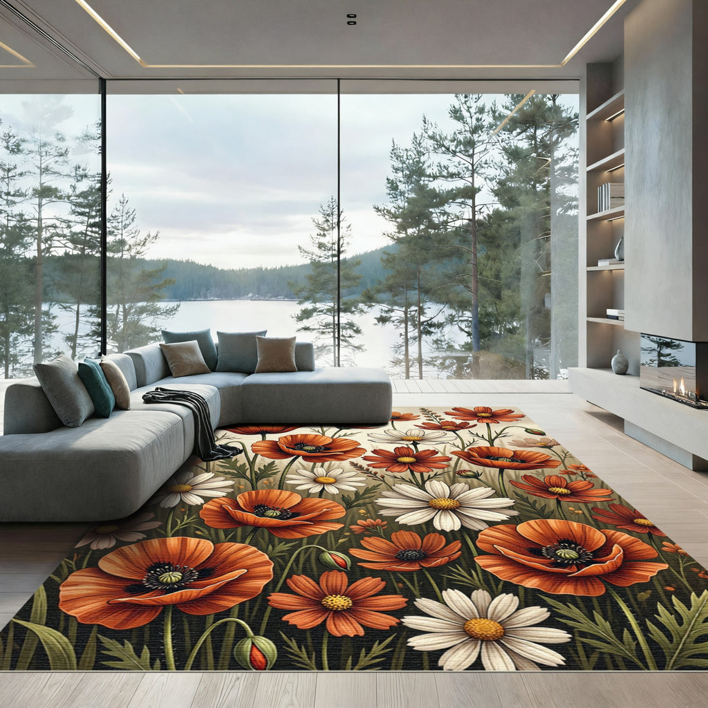 Cheerful Autumn Poppy and Daisy Meadow Rug