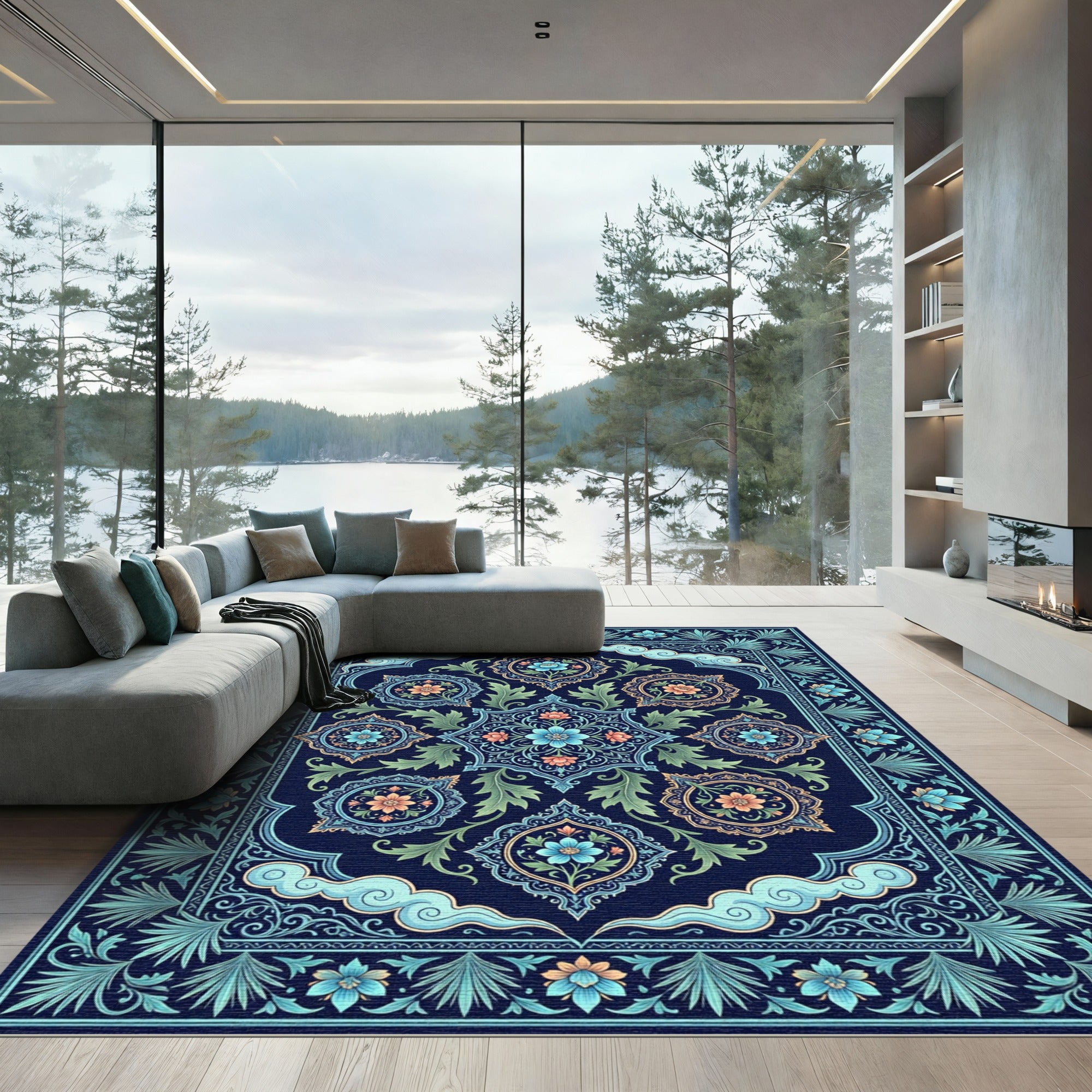 Dark Blue Floral Medallion Cloud Rug