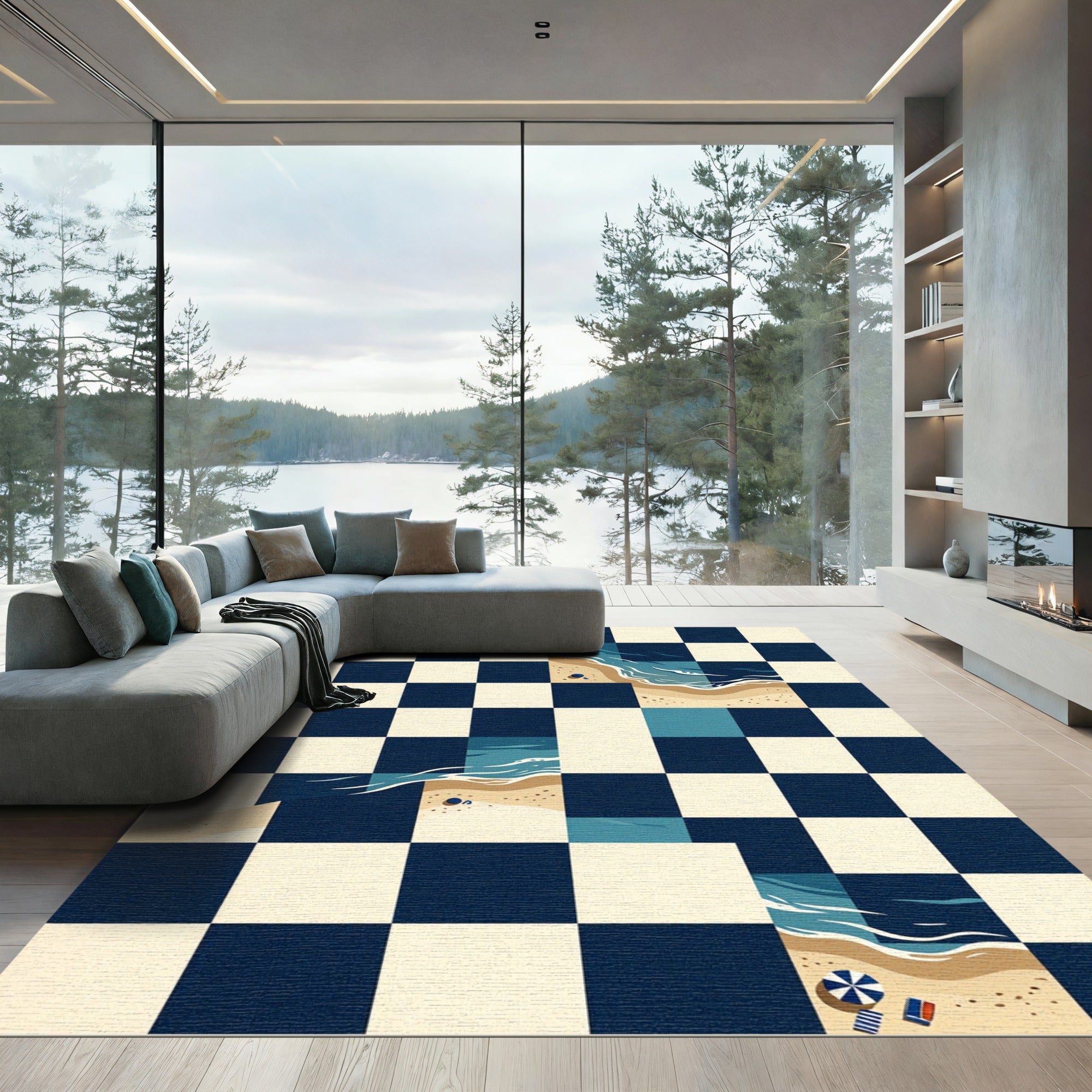 Coastal Navy Cream Checkered Shoreline Art Rug