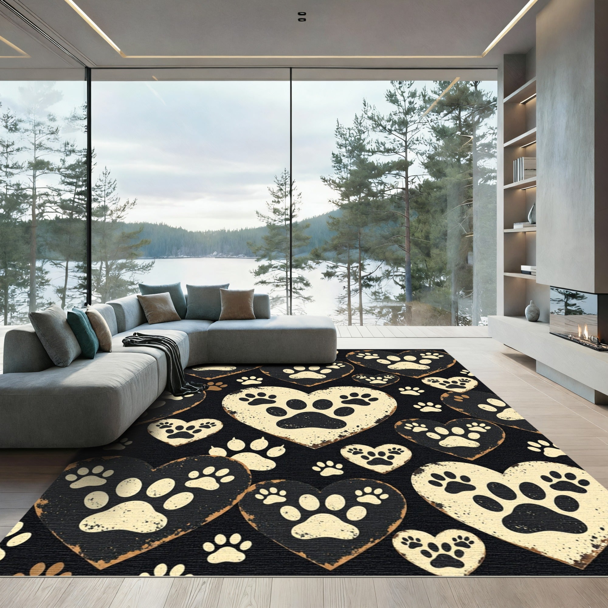 Rustic Cream Paw Print Heart Rug