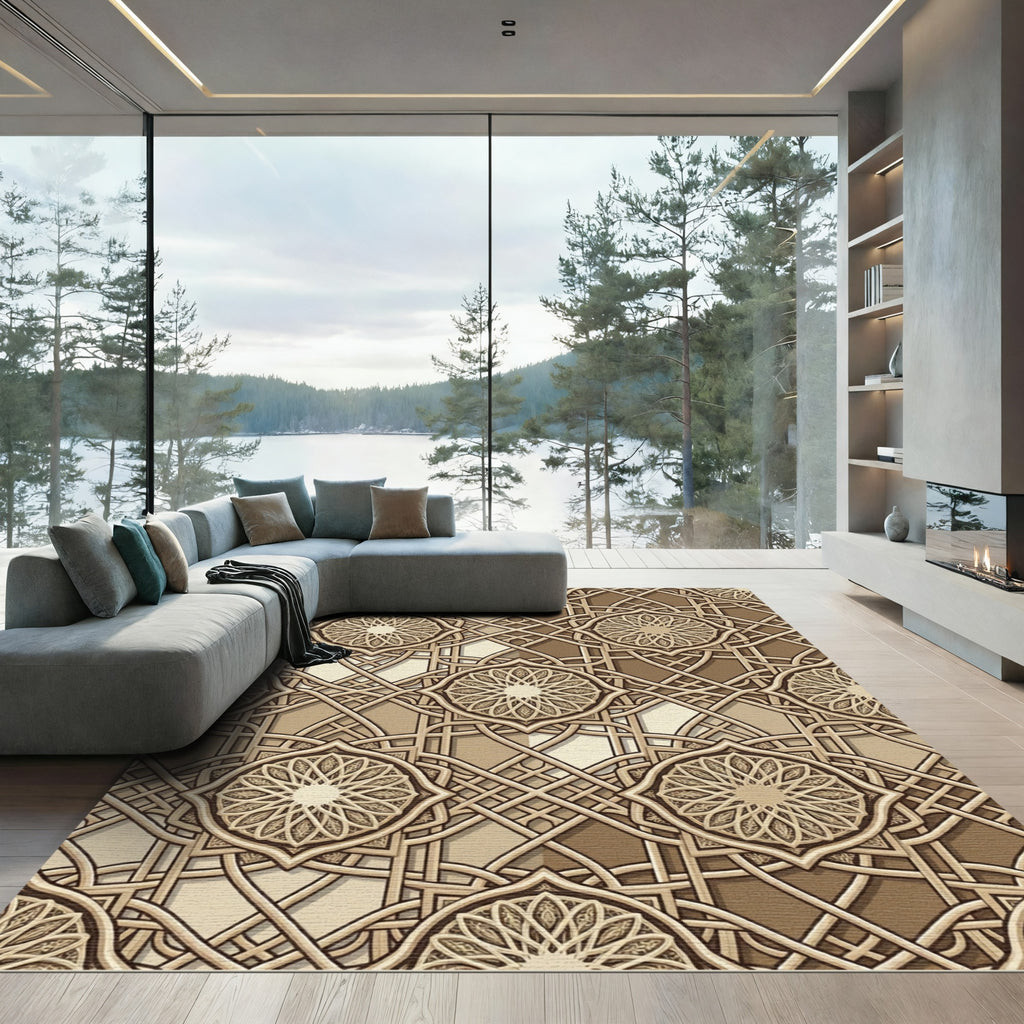 Elegant Beige Interlocking Geometric Mandala Rug
