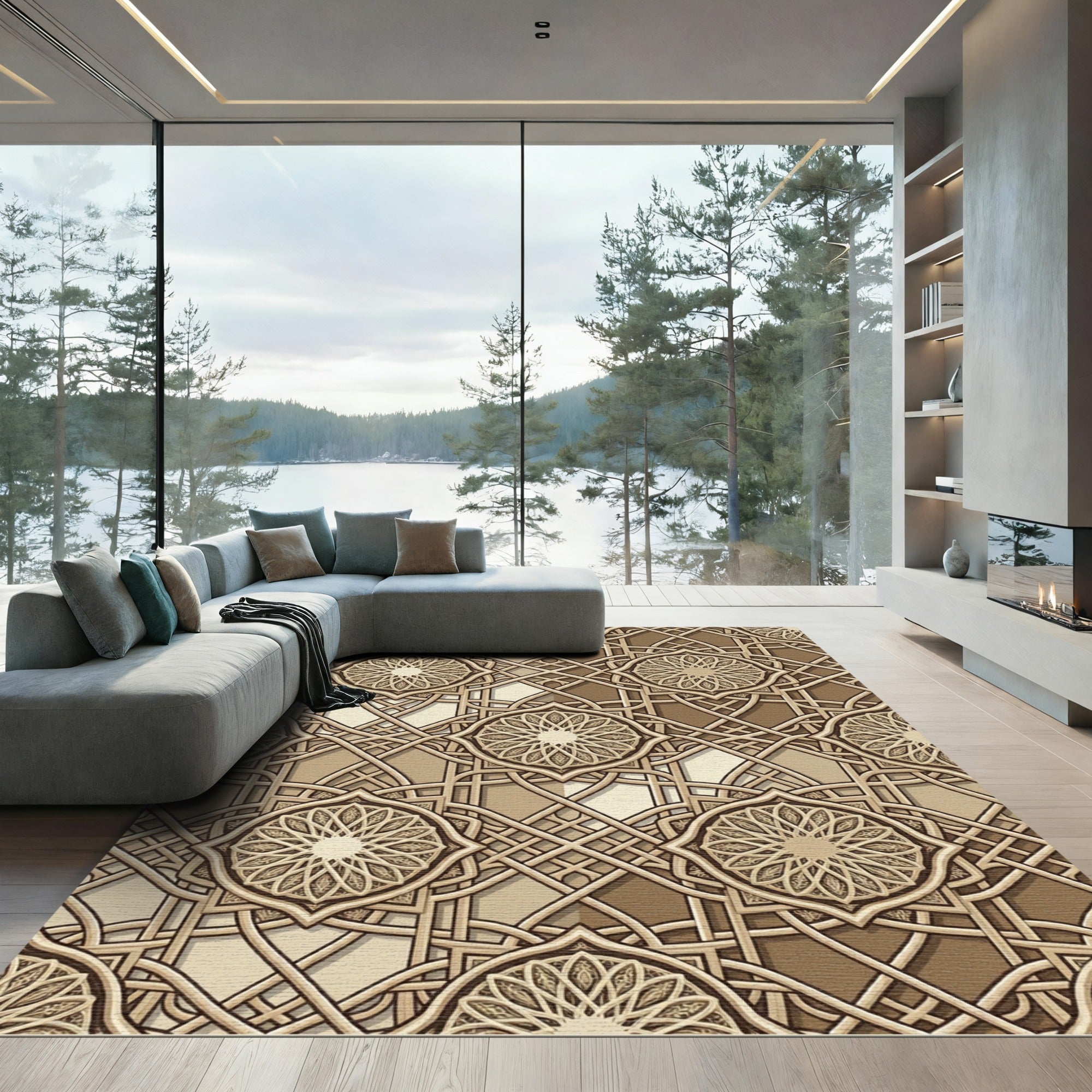 Elegant Beige Interlocking Geometric Mandala Rug