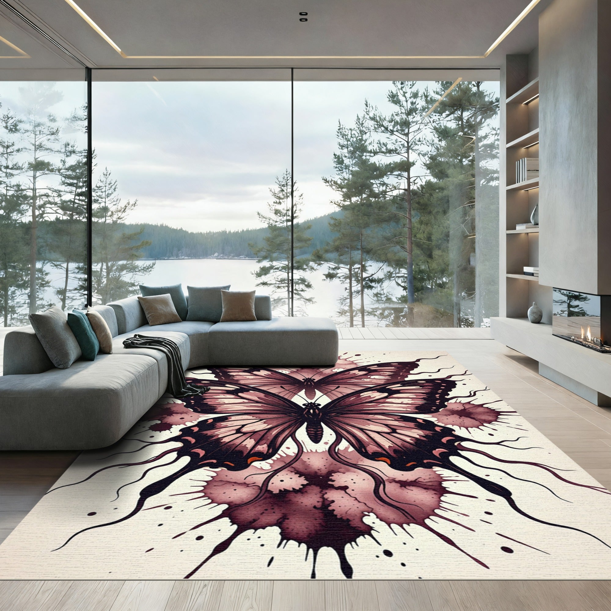Crimson Double Butterfly Ink Splatter Rug